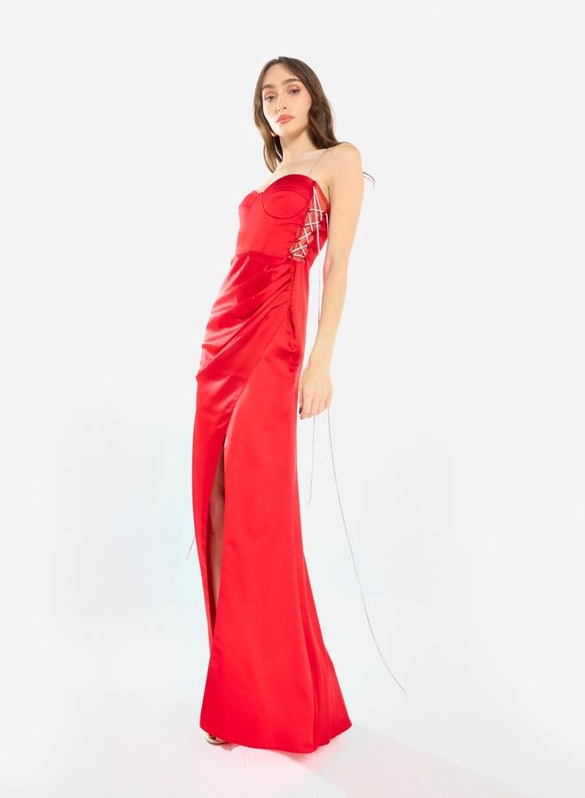 House of Moda Women Side Lace Detail Bodice Slit Gown Maxi Dress - Image 4